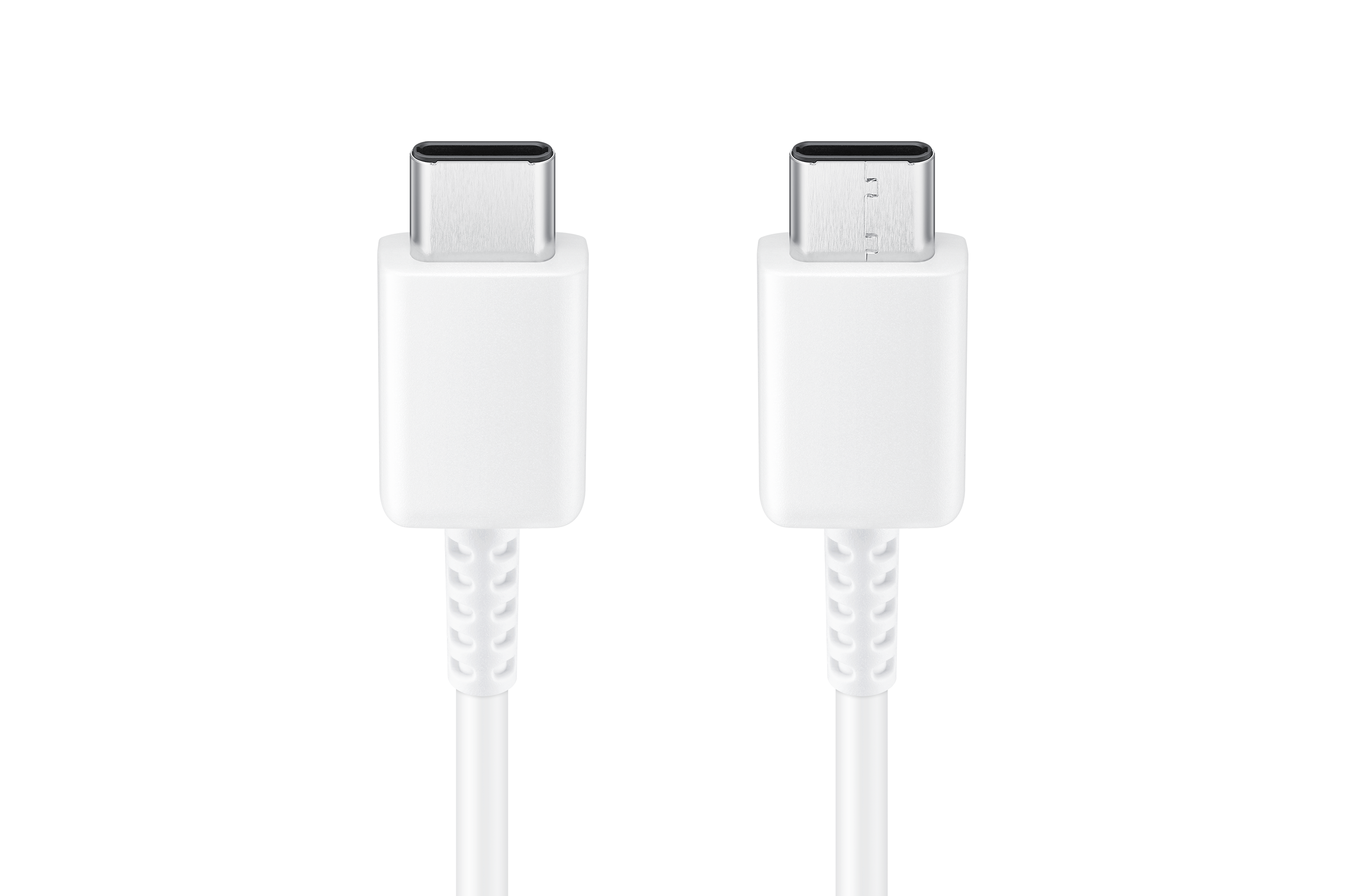 Two white USB-C cables with white connectors, set against a black background.
