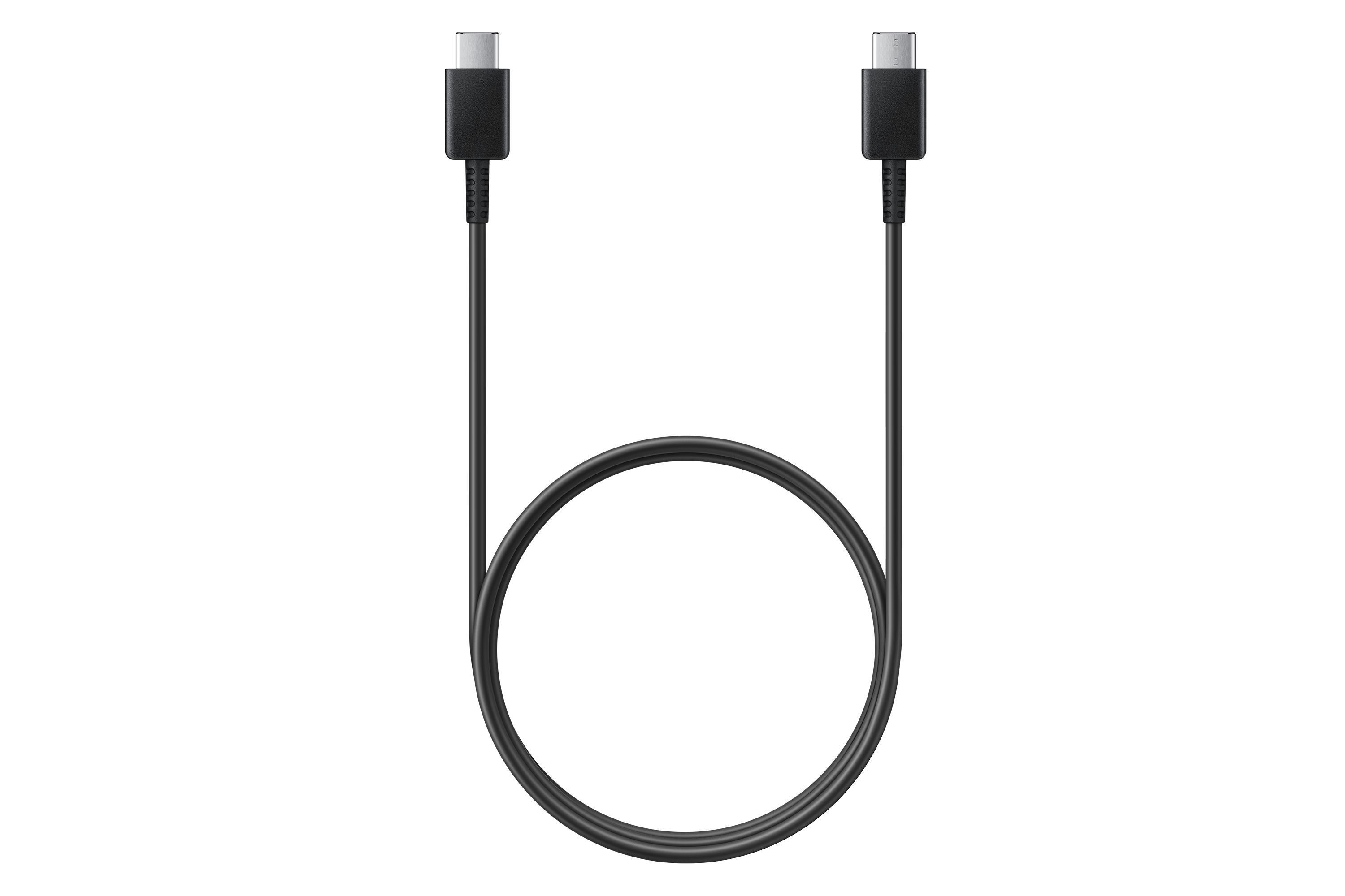 Zwarte USB-C-kabel met twee connectoren, die een lus vormen. Zwarte achtergrond.
