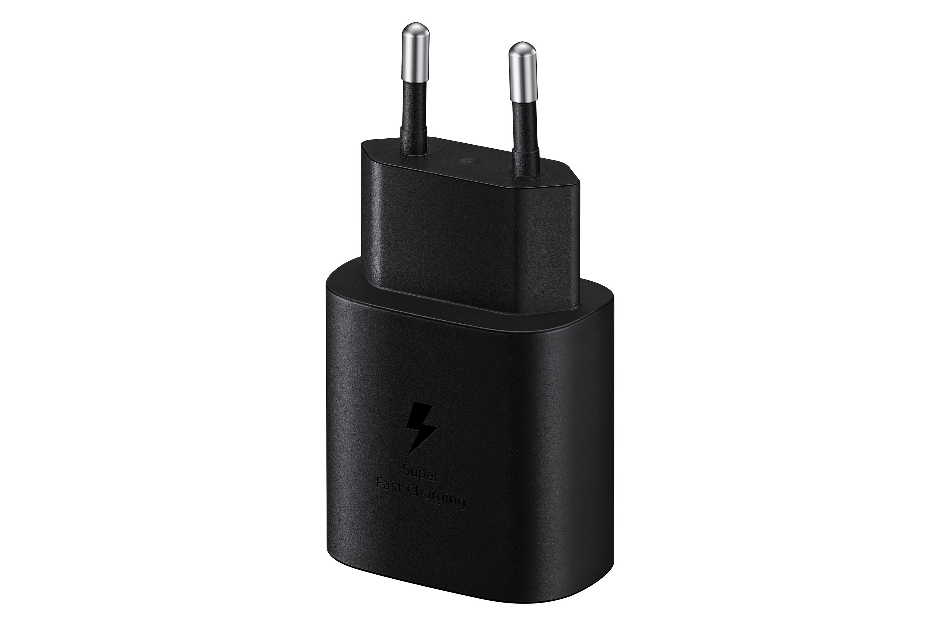 Black Samsung charger with two silver prongs and a lightning bolt symbol on the front.