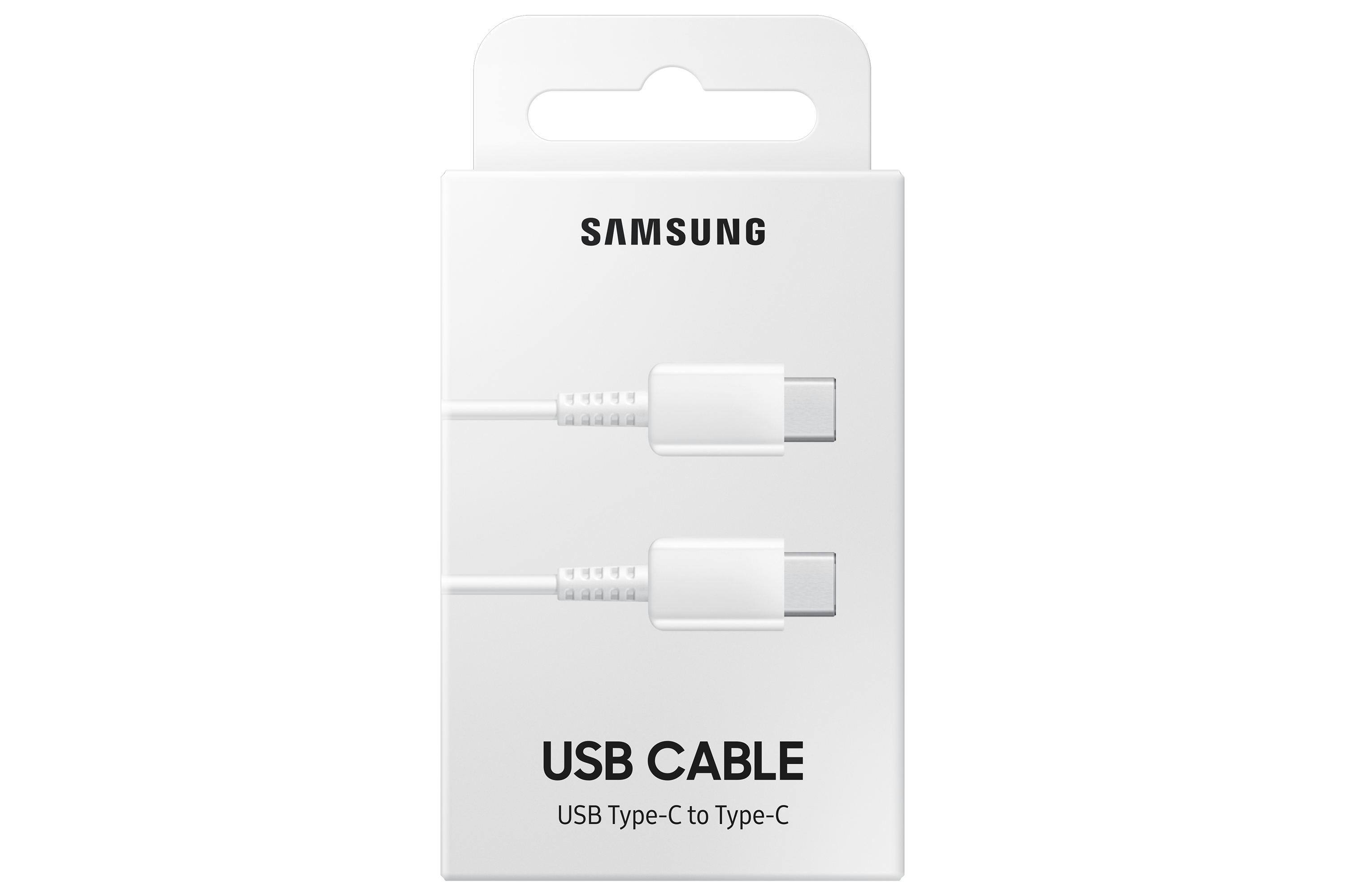 A white Samsung USB cable box with the USB cable visible inside against a black background.