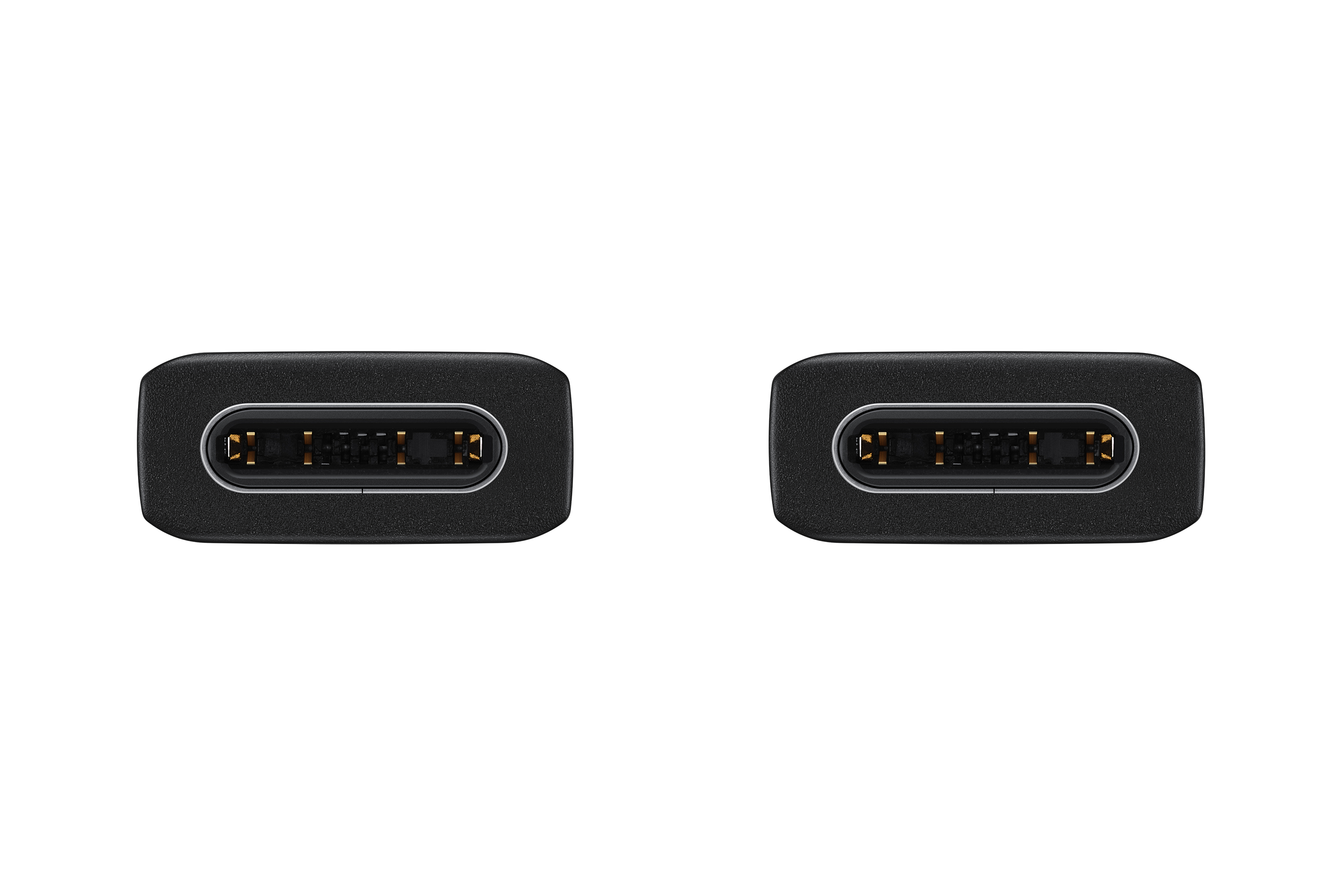 Twee zwarte USB-C-connectoren, schuin, op een zwarte achtergrond.
