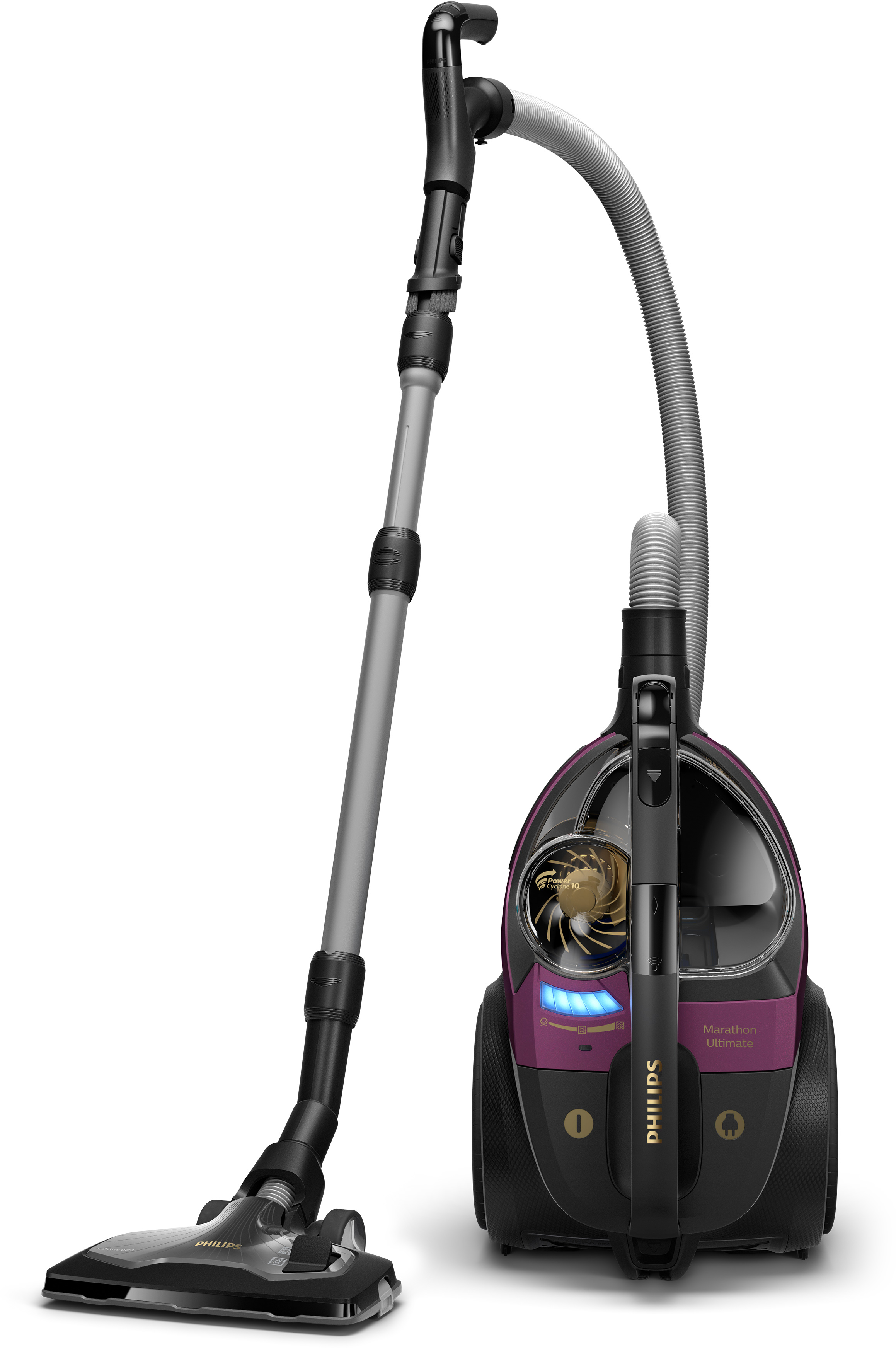 Mor ve siyah Philips elektrikli süpürge, uzun hortum ve aparatlarla.