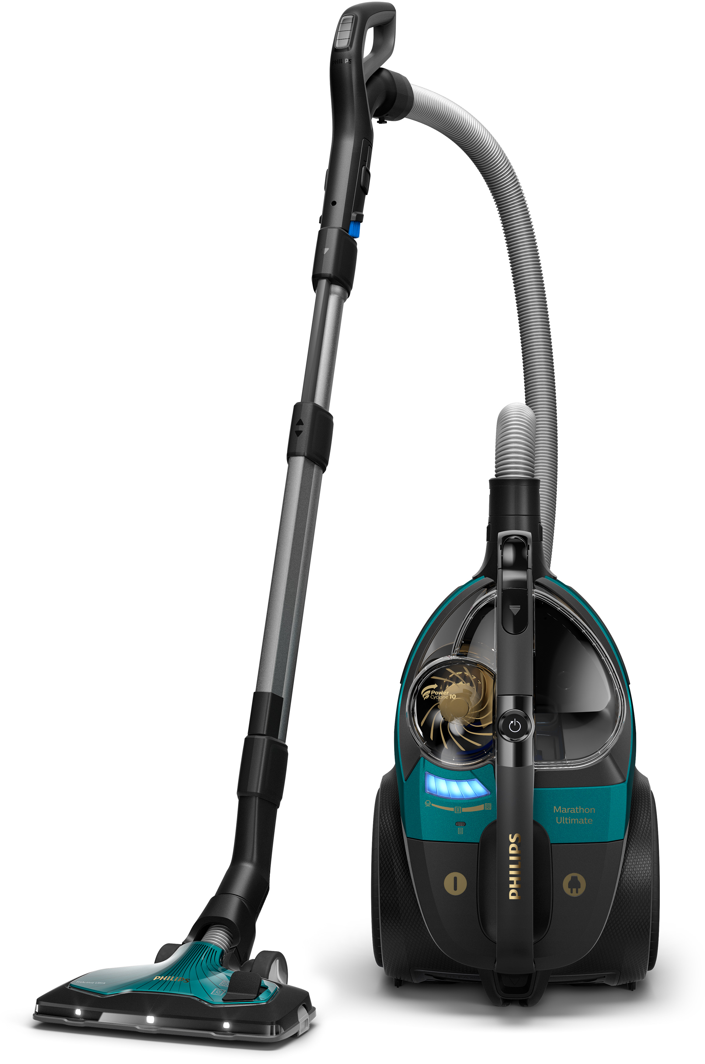 Teal ve siyah elektrikli süpürge. Elektrikli süpürgenin gümüş bir hortumu var ve beyaz bir arka planda.