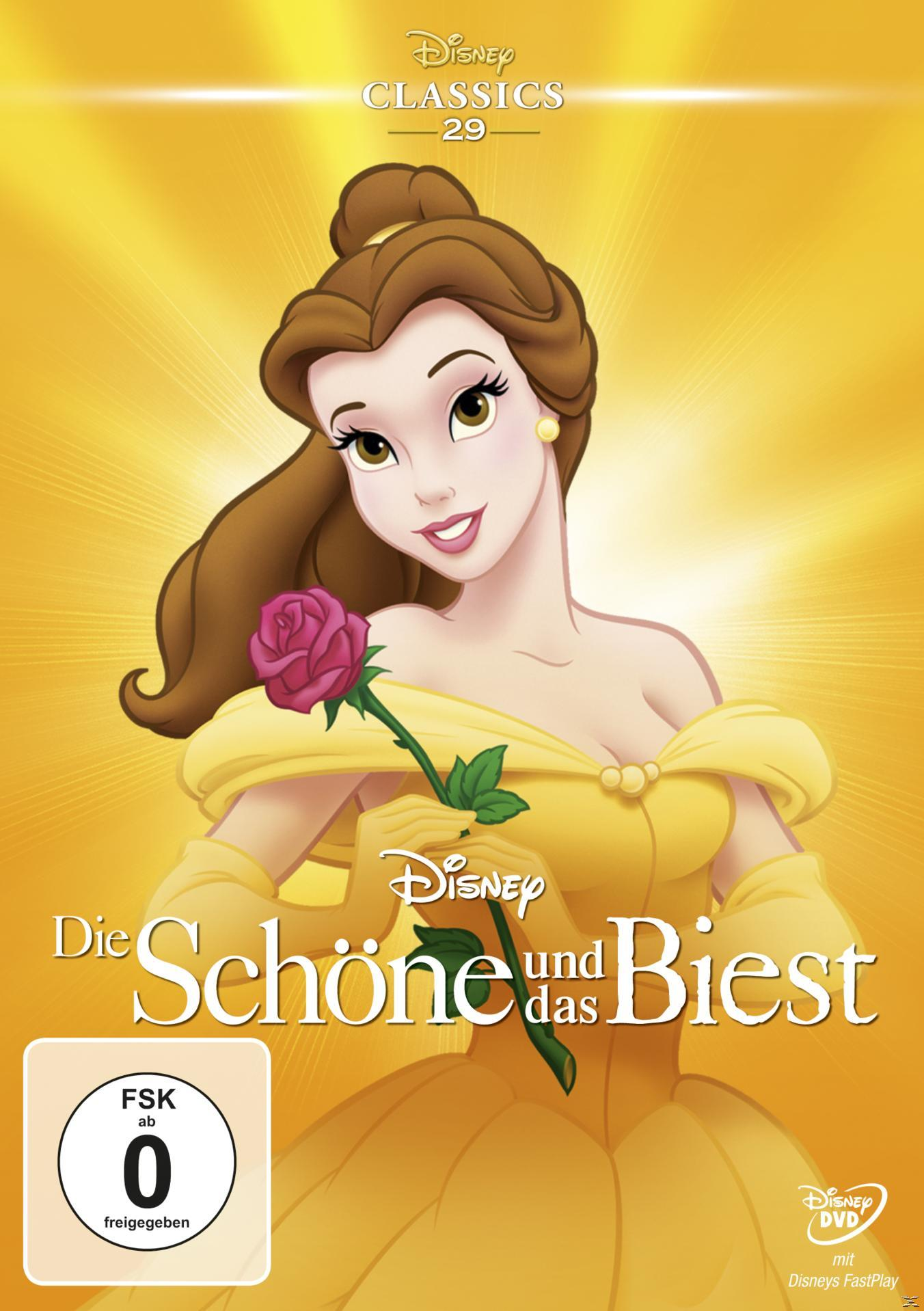 Disney-DVD-Cover von Belle in einem gelben Kleid, die eine Rose hält, mit dem Titel 'Die Schöne und das Biest'.