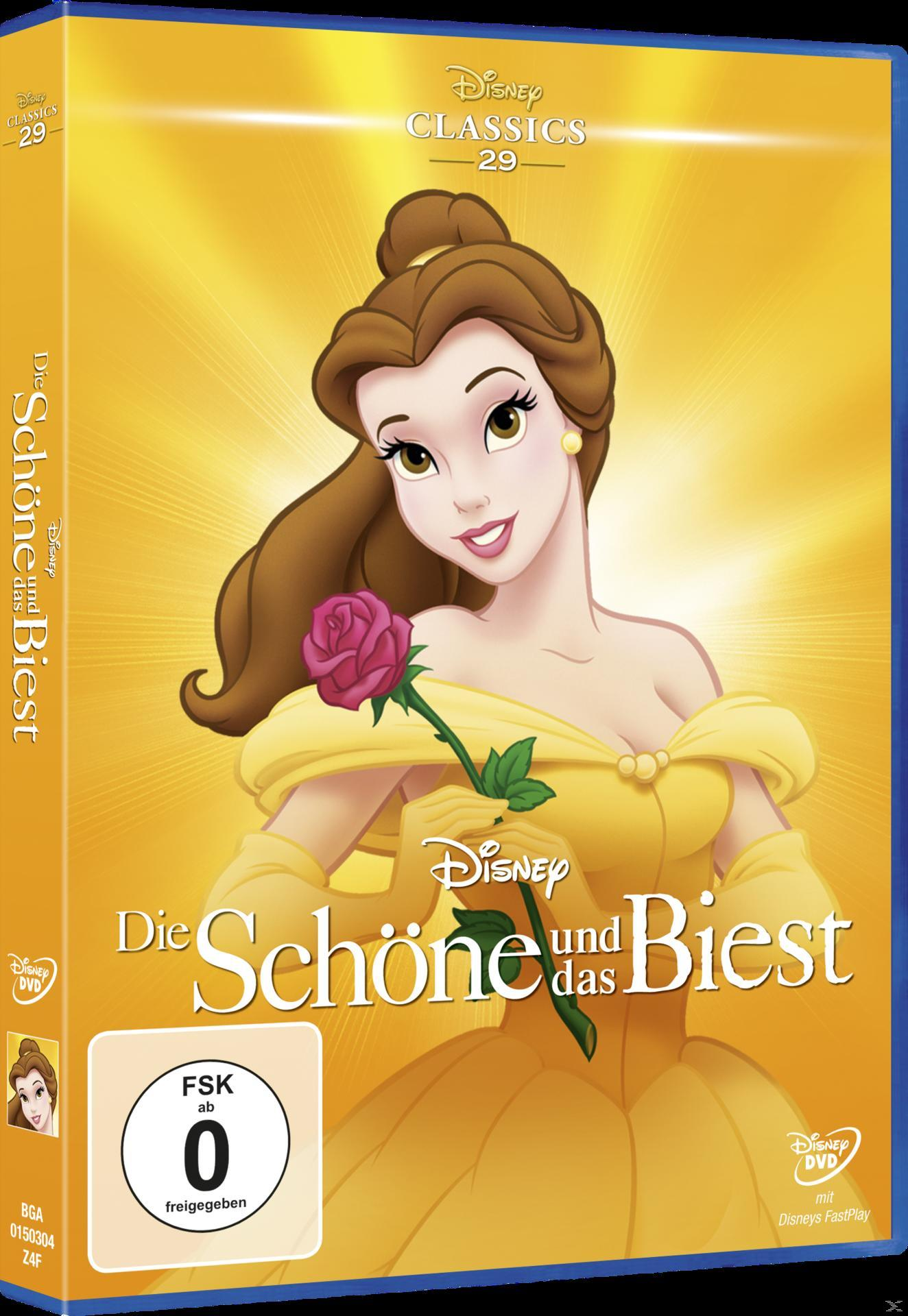DVD von Die Schöne und das Biest. Belle hält eine Rose, gelbes Kleid. Text auf Deutsch.
