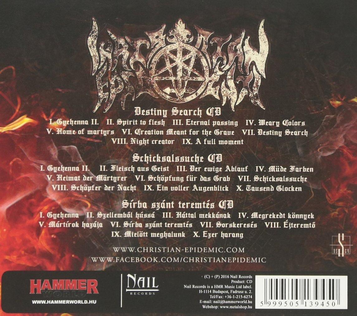 CD borító a zenéről szóló szöveggel. Egy pentagram logóját és piros hátteret tartalmaz.