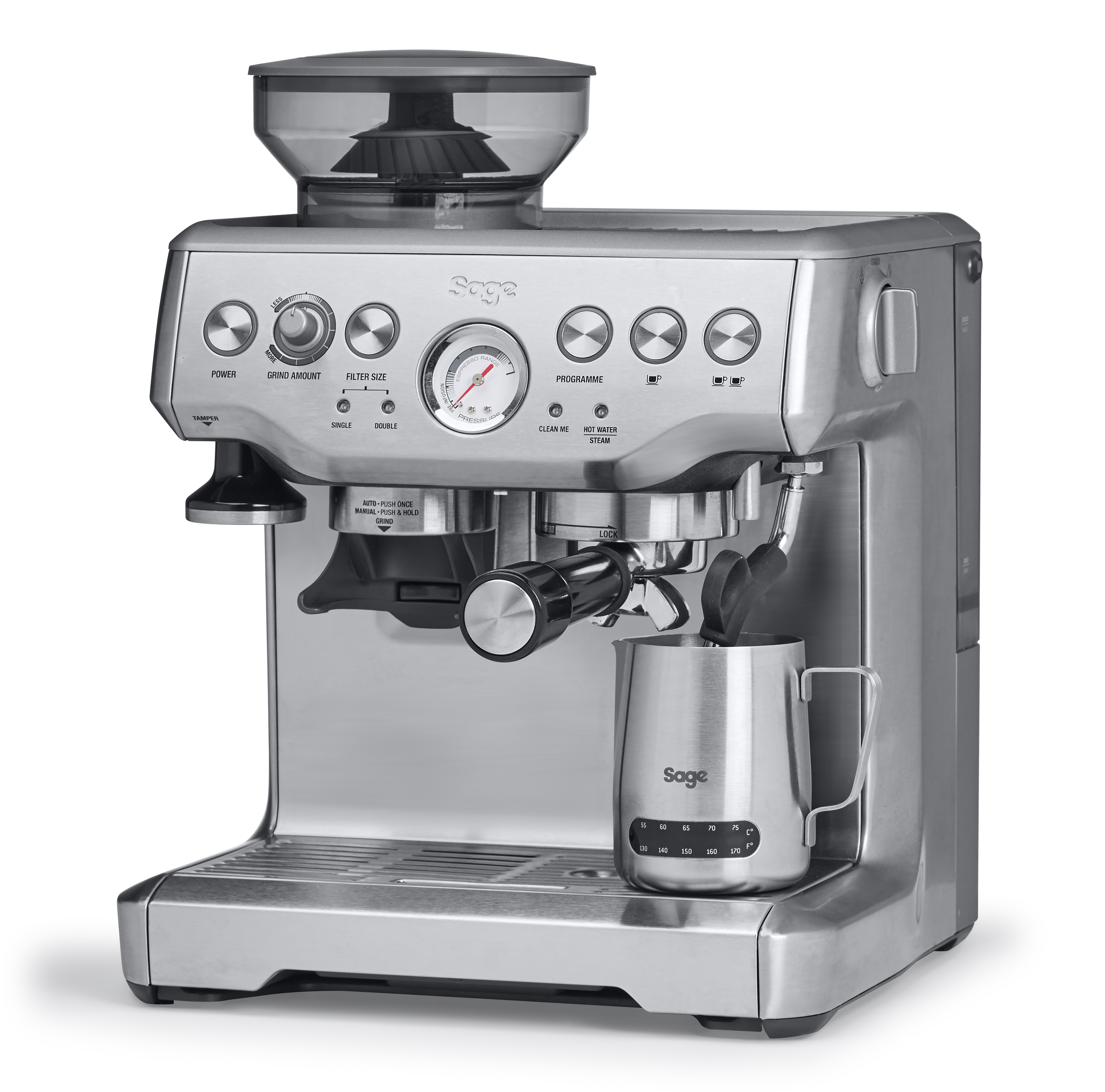 Stainless steel Sage espresso machine. The machine has multiple dials, a portafilter, and a milk frothing pitcher.