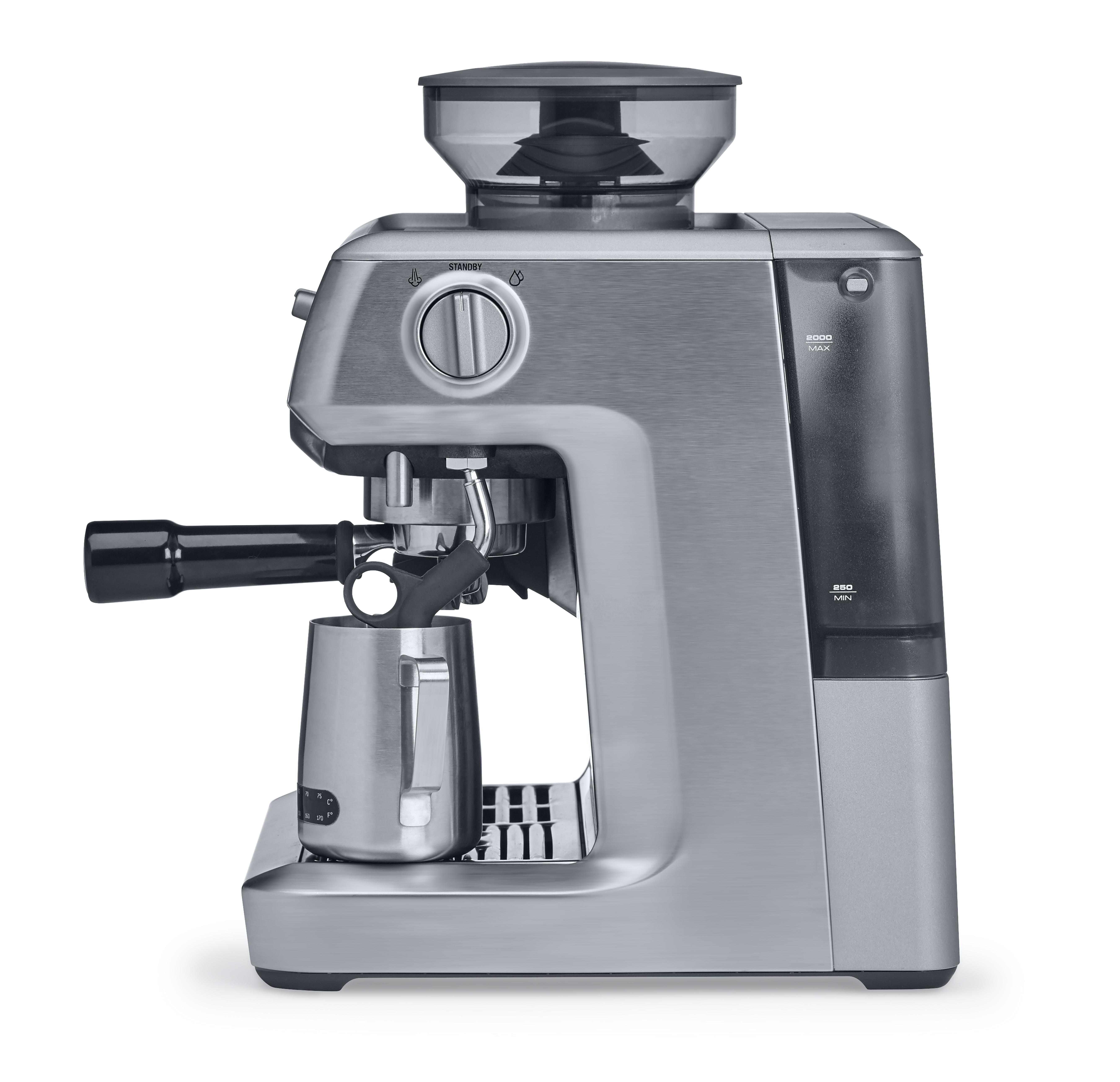 Silver espresso machine with a grinder, water tank, and milk frothing wand.