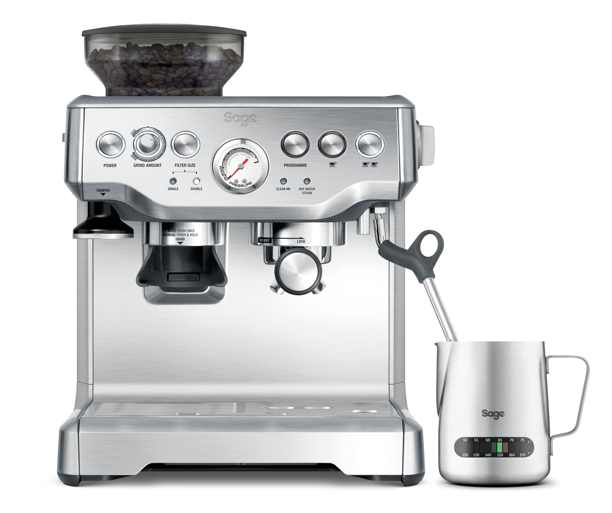 Silver espresso machine with coffee beans on top, a milk jug, and accessories.
