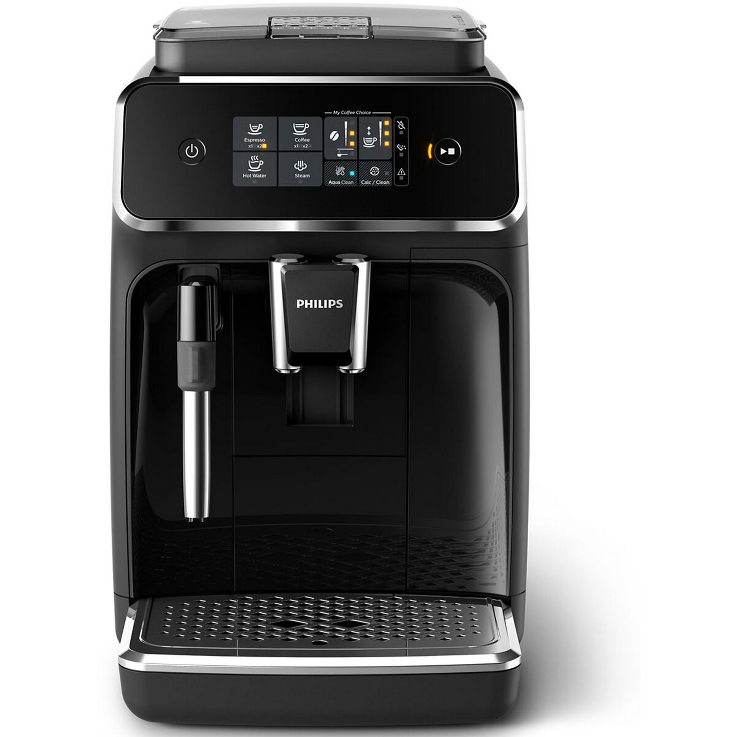 Cafetera Philips negra con pantalla digital y varios botones de función.