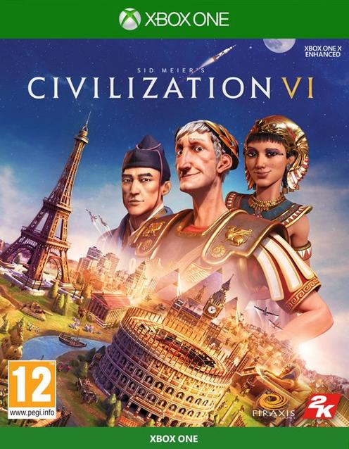 Sid Meier's Civilization VI játék borítója, történelmi figurákkal és városképekkel.