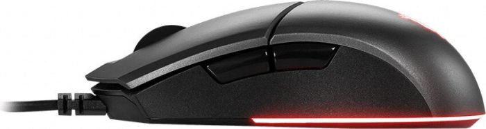 Eine schwarze Gaming-Maus mit roten LED-Leuchten. Sie hat zwei Seitentasten und ein Kabel.