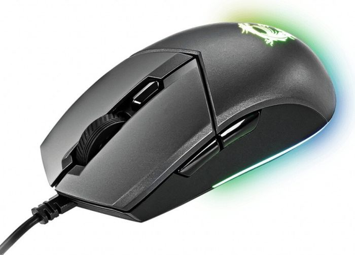 Schwarze Gaming-Maus mit Seitentasten und einem Scrollrad.