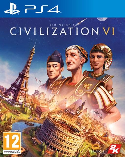 Civilization VI PS4 játékkártya három uralkodóval és nevezetességekkel.