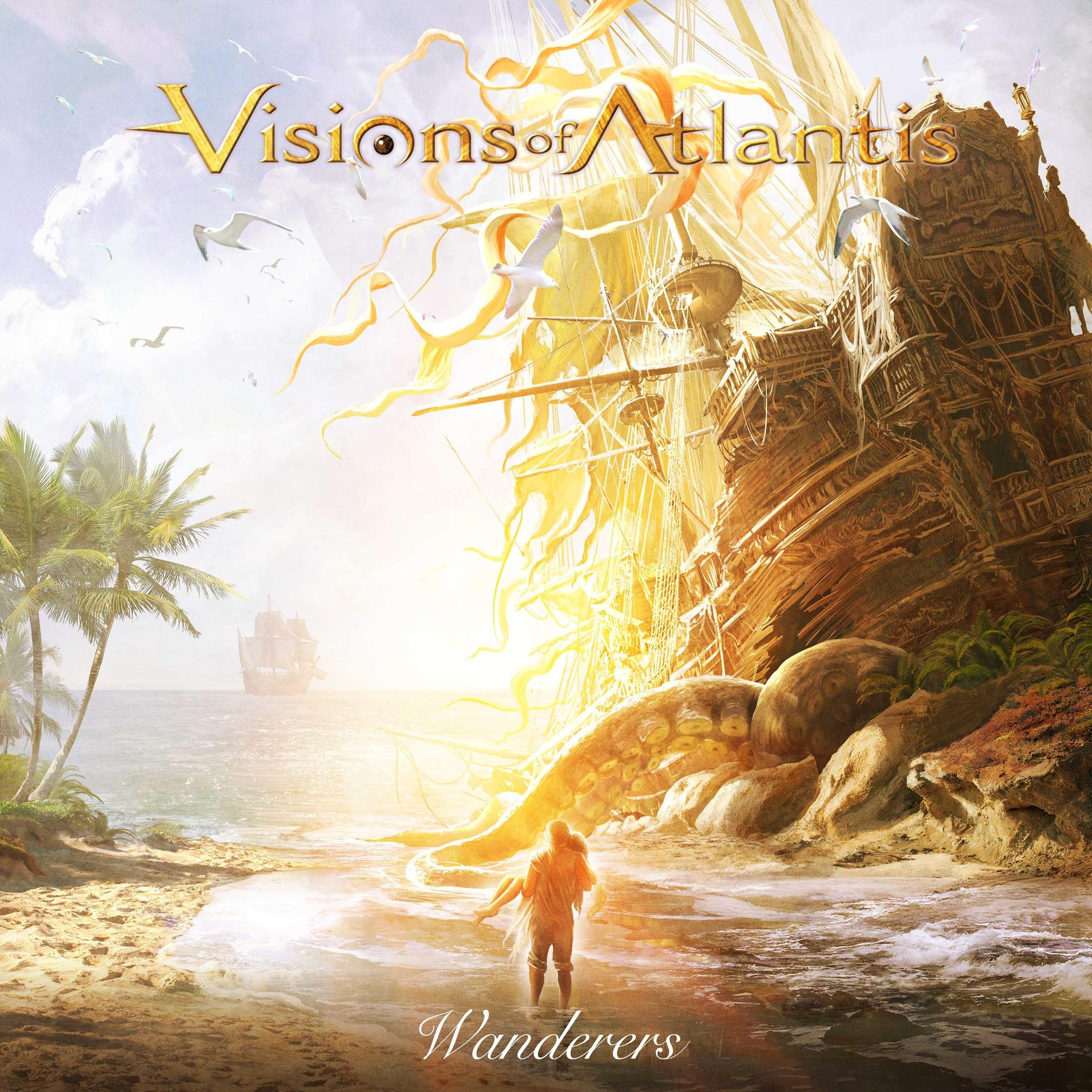 Fantázia jelenet hajóval, stranddal és figurákkal. A "Visions of Atlantis" felül, a "Wanderers" alul.