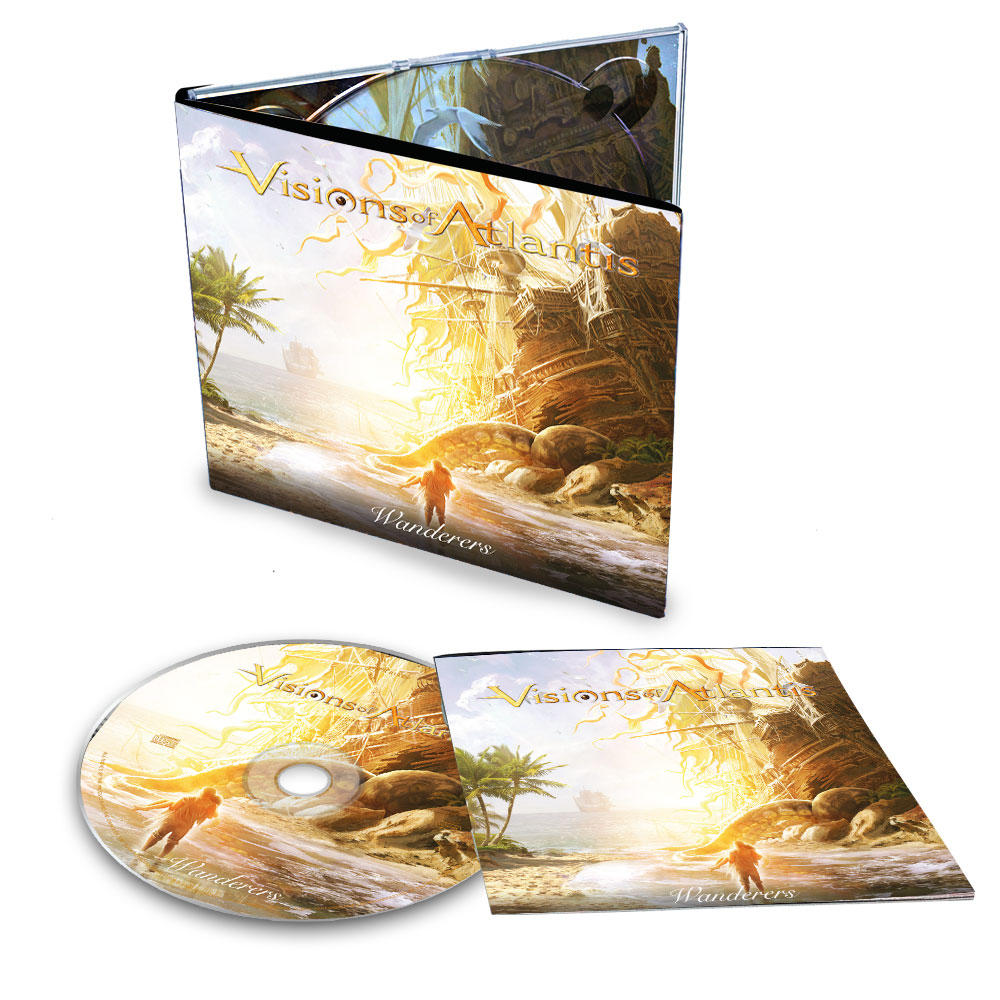 CD-tok 'Visions of Atlantis' címmel. Egy személyt mutat, aki a tengerparton sétál a tenger felé, a háttérben egy hajóval.