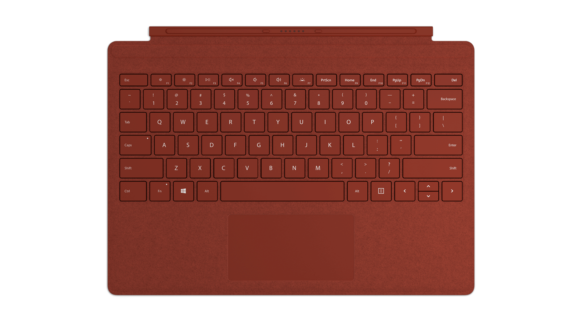 Roodbruine Microsoft Surface toetsenbordcover met toetsen en een trackpad.
