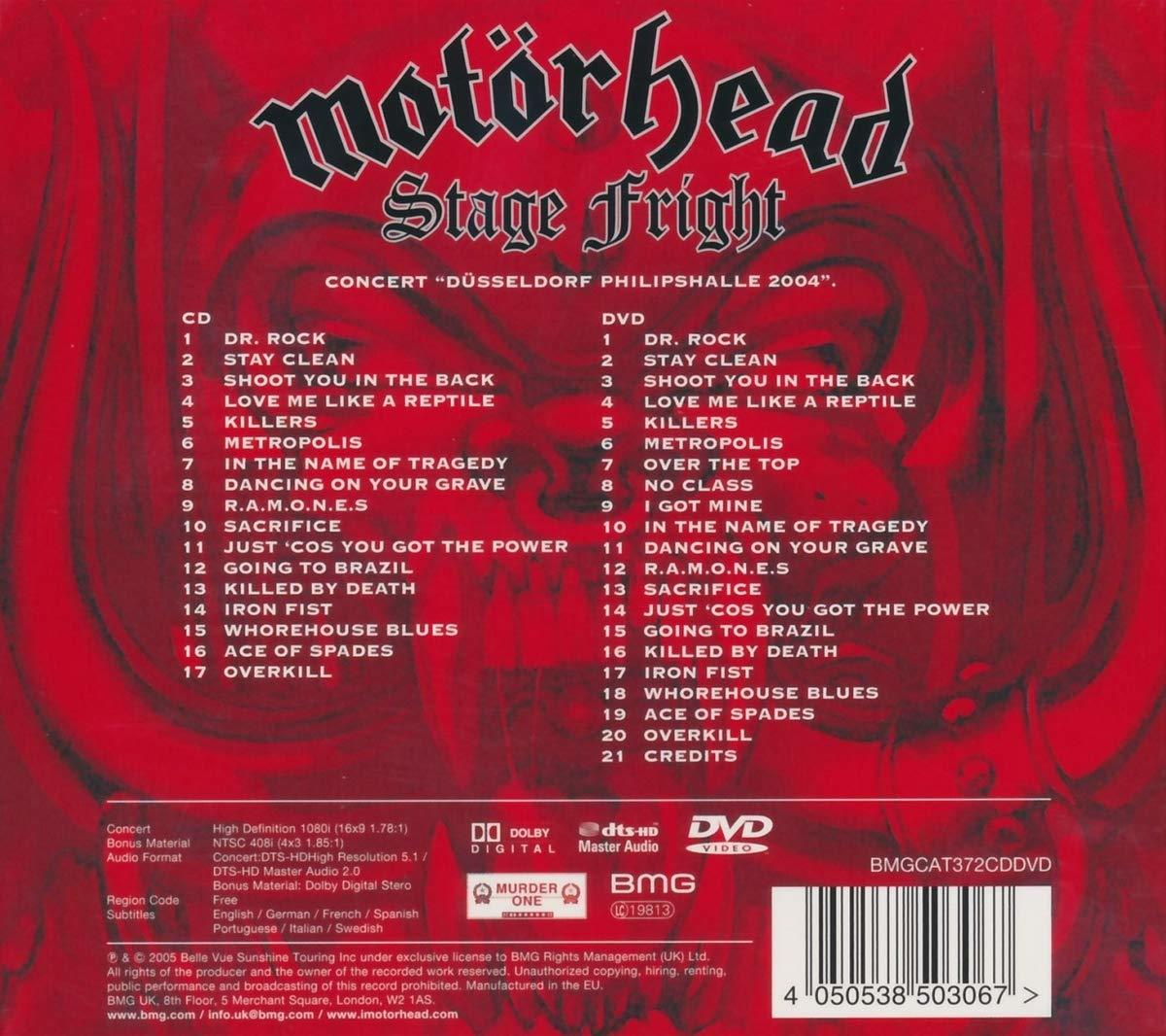 A Motörhead Stage Fright koncert DVD-jének borítója. Felsorolja a dalokat, a stáblistát és a logókat. Piros és fekete színvilág.