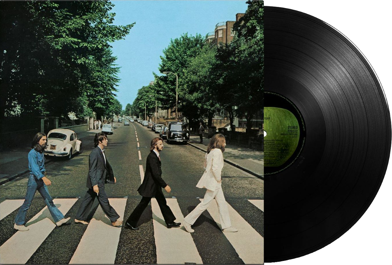 Pochette de l'album Abbey Road des Beatles, avec le groupe traversant un passage piéton.