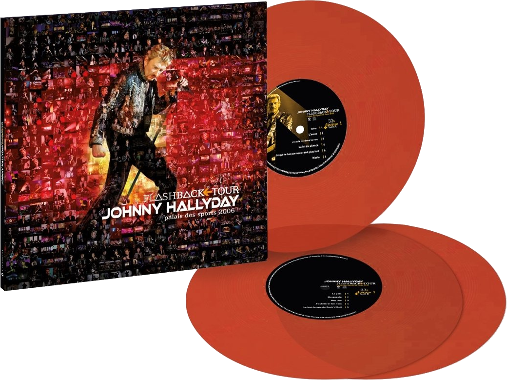 Album cover: Johnny Hallyday. Orange vinyl records in the background. Black background.