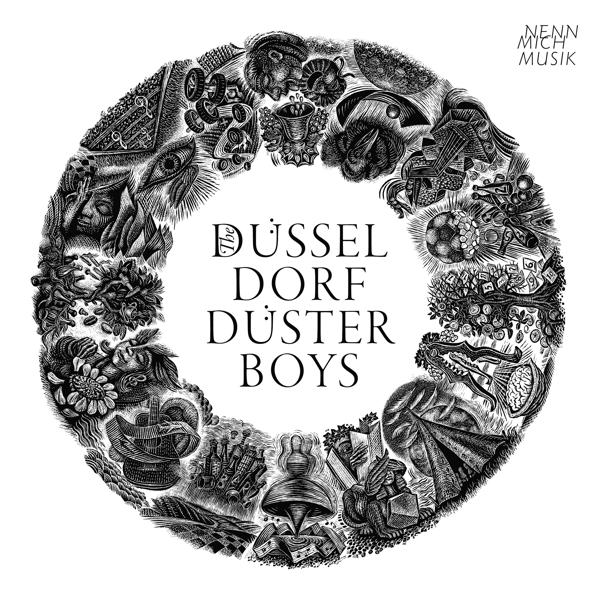 Schwarz-Weiß-Illustration eines kreisförmigen Designs. Text: Düsseldorf Düster Boys.