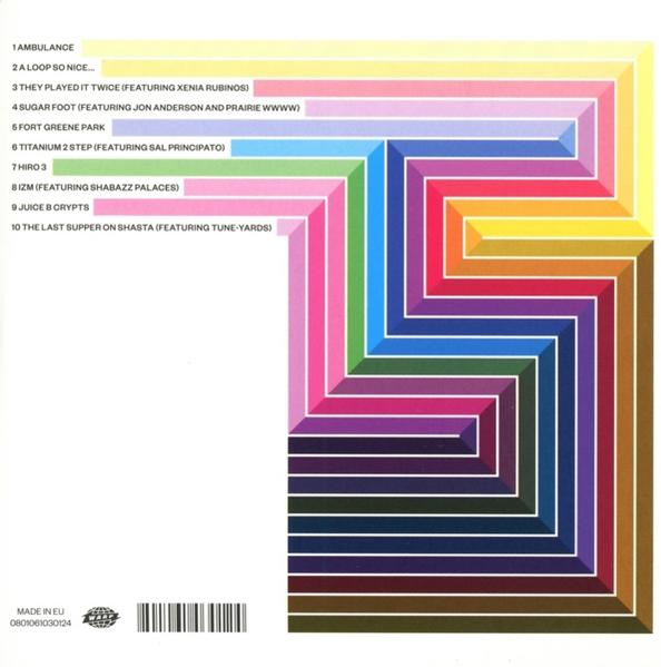 CD back cover with a colorful geometric design and song titles.