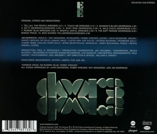 Dos de l'album des Doors, avec la liste des morceaux et les crédits sur fond blanc.