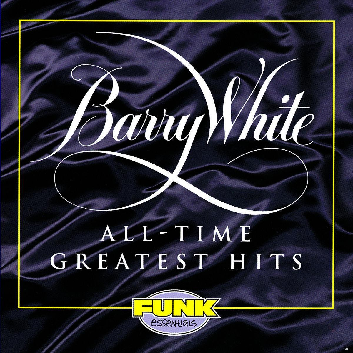 Albumhoes voor Barry White's All-Time Greatest Hits. Bevat de handtekening van de artiest en een satijnen achtergrond.