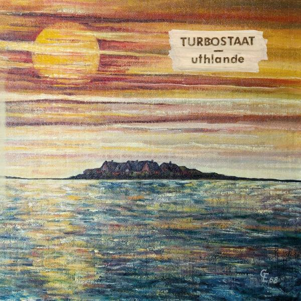 Gemälde eines Sonnenuntergangs über Wasser mit einer Insel und Textüberlagerung.