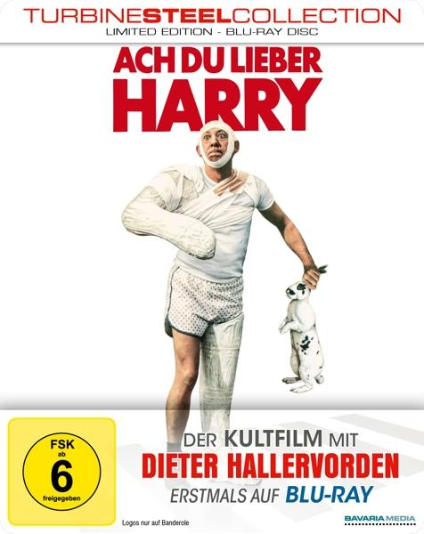 DVD-Cover von 'Ach du lieber Harry', mit einem Mann in Bandagen, der ein Kaninchen hält.