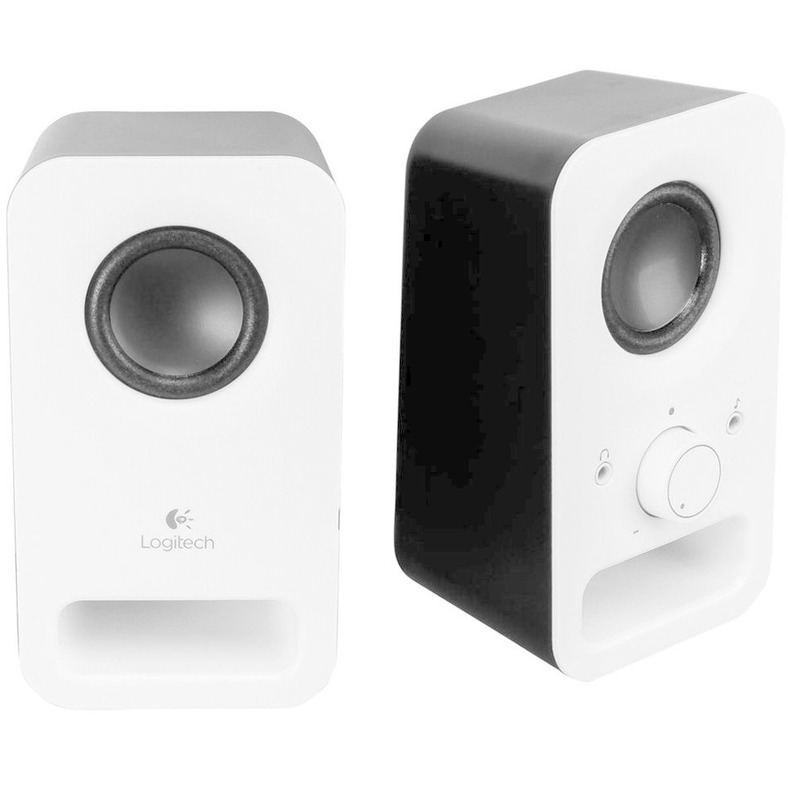Siyah vurgulu iki beyaz hoparlör, birinde Logitech logosu.