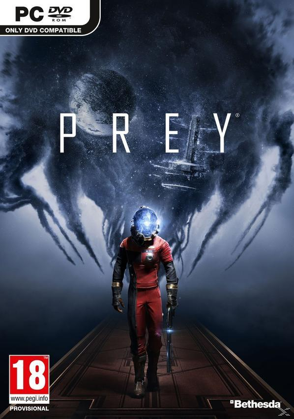 Prey game cover. A person in a spacesuit stands on a pathway, with a dark alien background.
