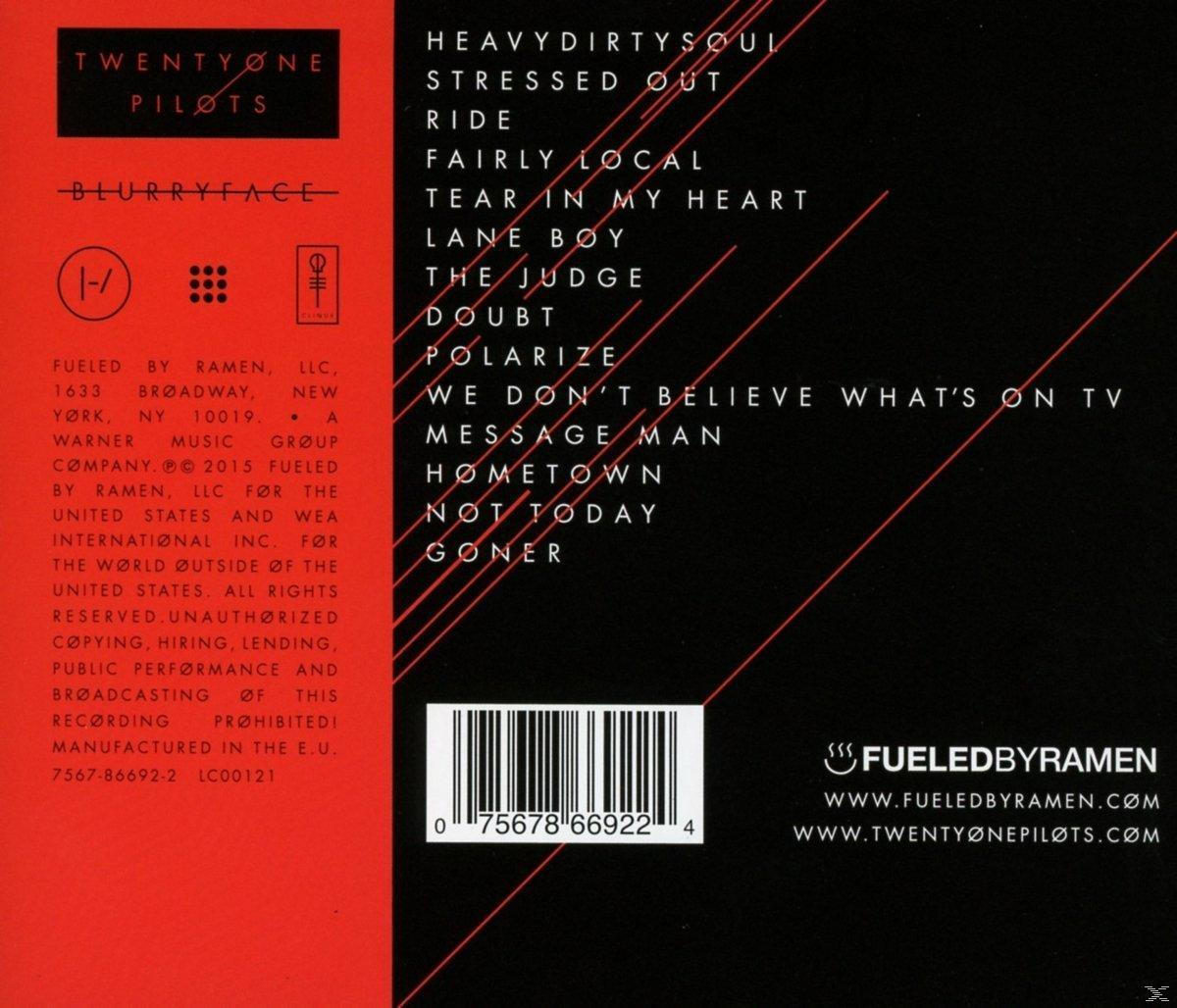 A Twenty One Pilots 'Blurryface' albumjának borítója. Fekete háttér, fehér szöveg. Számlista és zenekari infó.