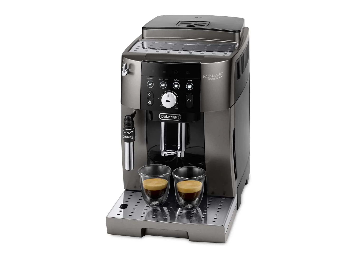 Une machine à expresso De'Longhi grise avec deux tasses en verre remplies de café.