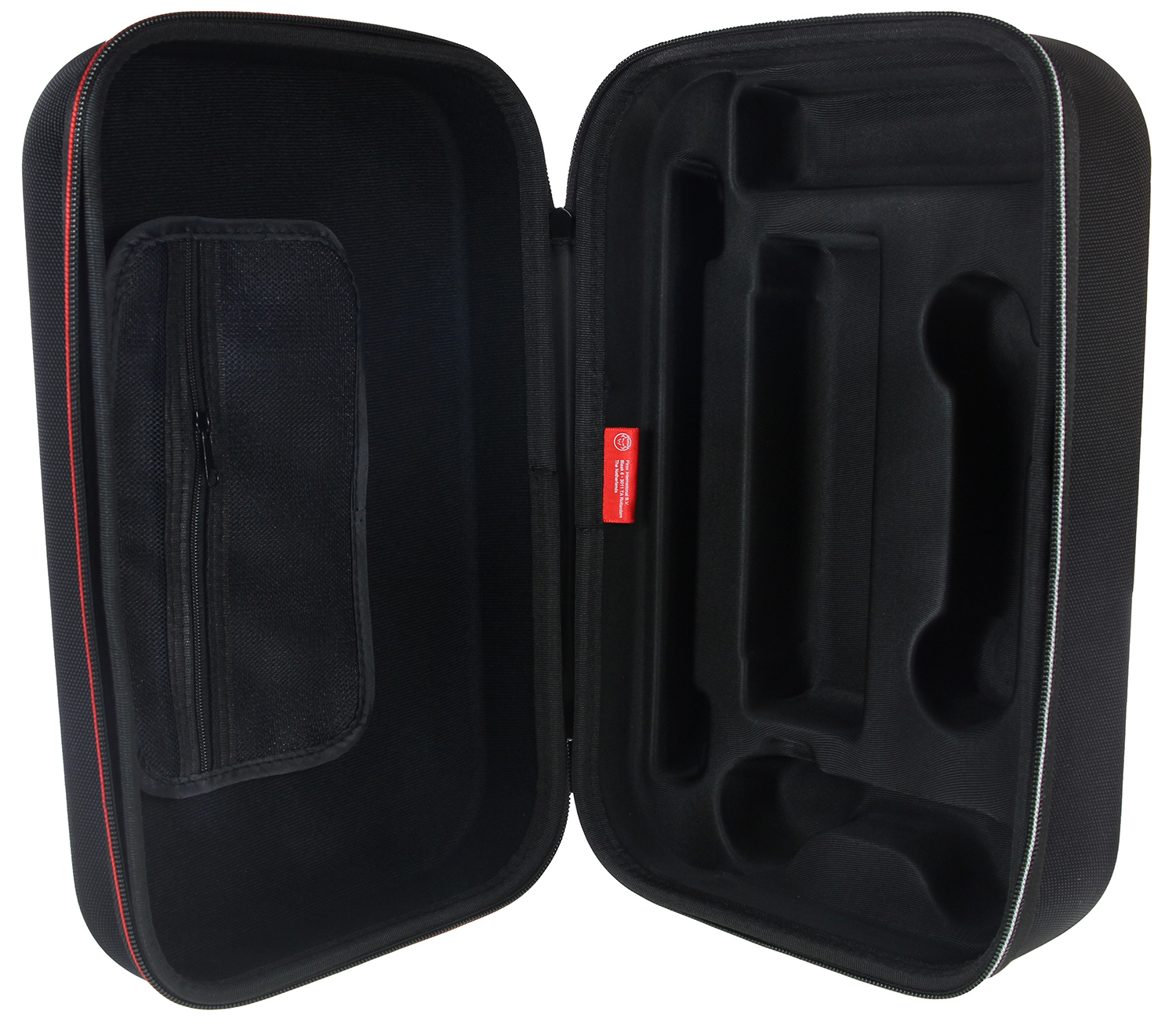 An open black case with compartments. A zippered pocket is on the left side. Red trim around edges.