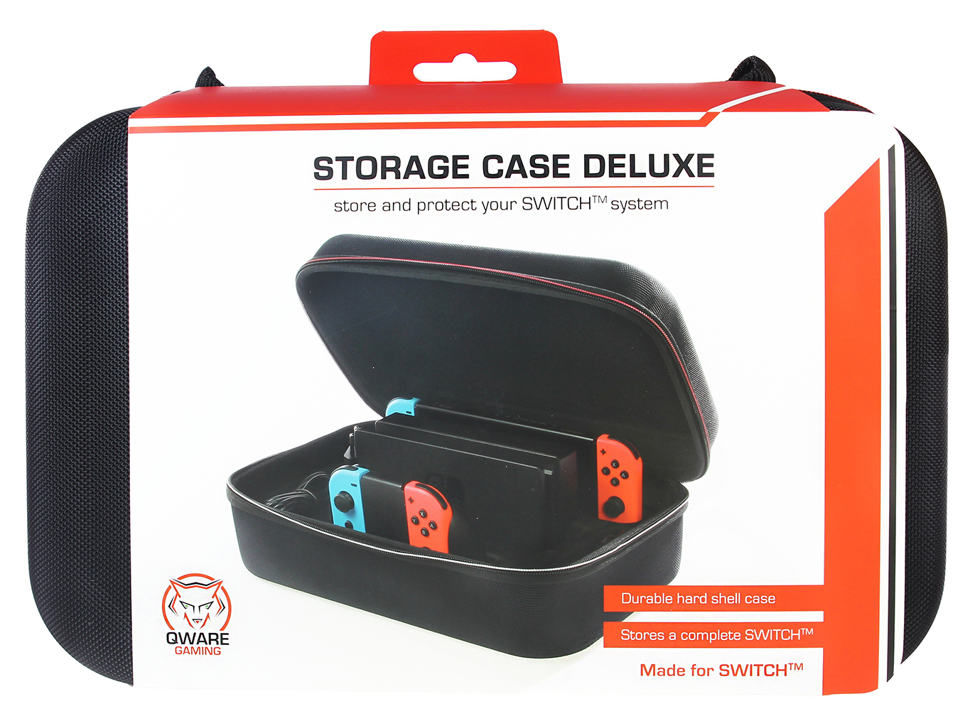 A black storage case for a Nintendo Switch. It's open, showing two joy-cons.