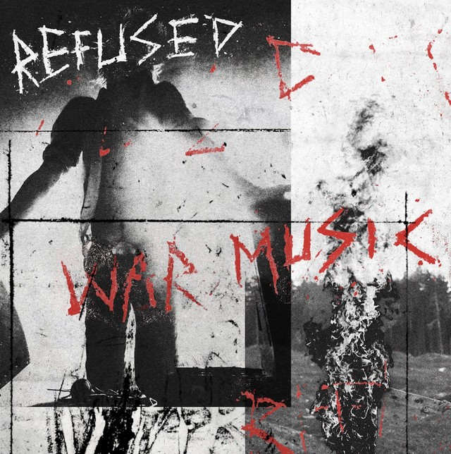 Pochette d'album: Image divisée, homme aux bras ouverts et une explosion enfumée, Refused War Music.