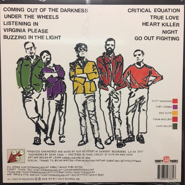 Zeichnung einer Band, die Albumtitel und Namen auflistet.