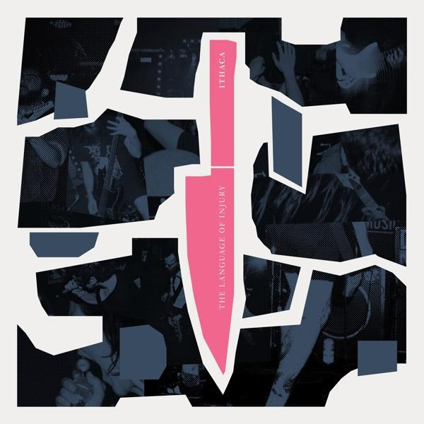 Albumcover, rosa Messer, abstraktes Design, schwarz-weiße fragmentierte Fotos, 'The Language of Injury'.