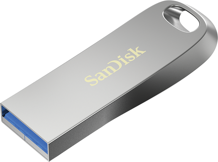 Ein silberner und blauer USB-Stick mit dem Markennamen „SanDisk“ in Gold.