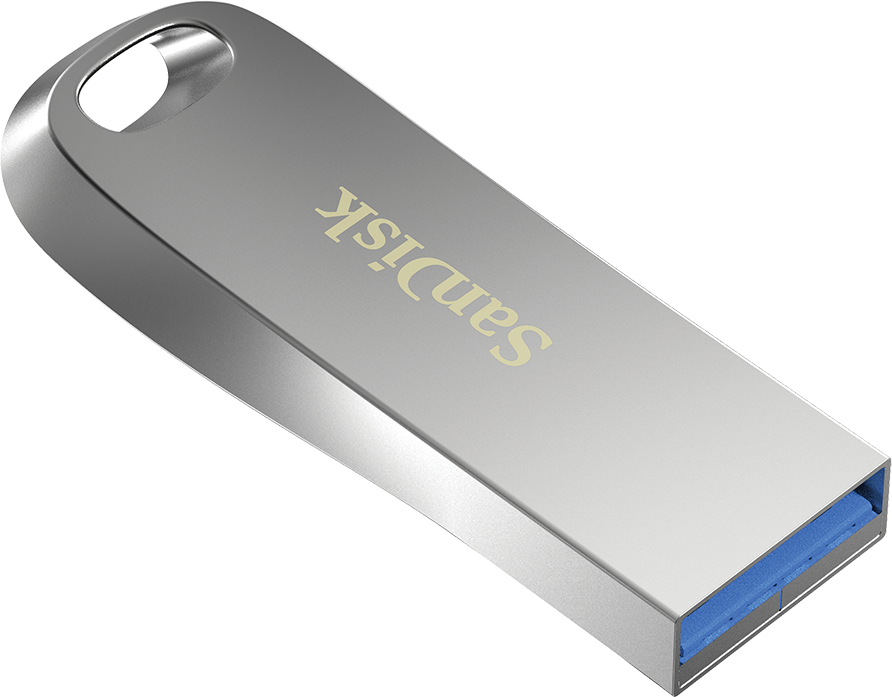Silberner SanDisk USB-Stick. Er hat eine Schlaufe für einen Schlüsselring und einen blauen Einsatz im Stecker.