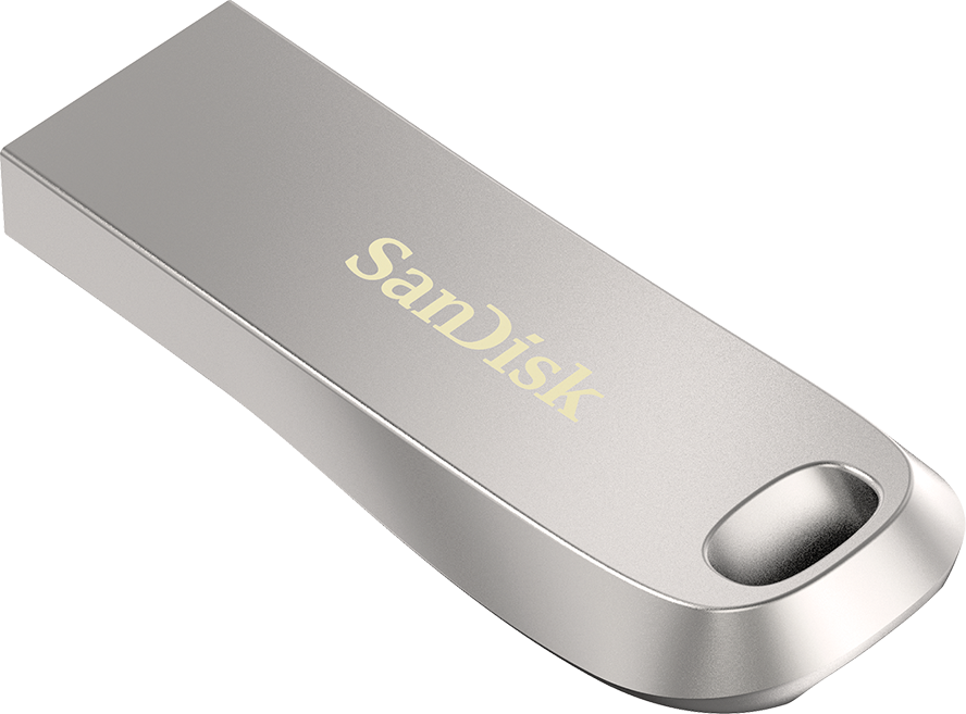 Silberner Sandisk USB-Stick. Das Sandisk-Logo ist in goldfarbenen Buchstaben.