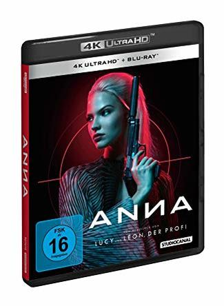 Filmcover: Blonde Frau hält eine Pistole, Anna-Titel, auf schwarzem und rotem Cover.
