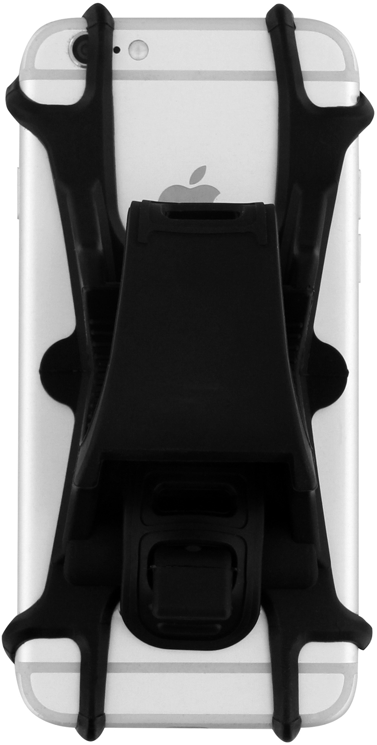 A white iPhone with a black phone holder attached.