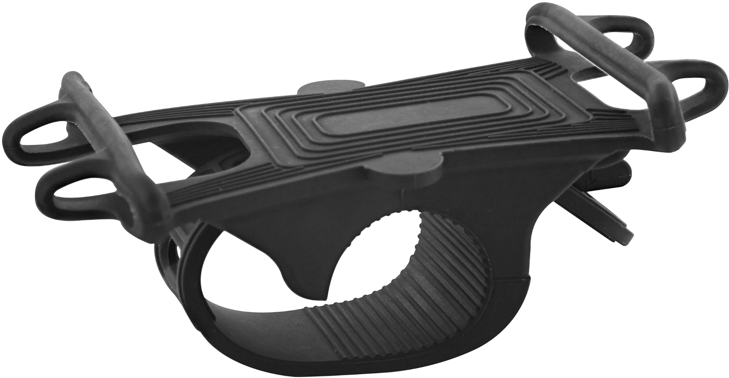 Black phone holder for a bike. It has a circular grip.