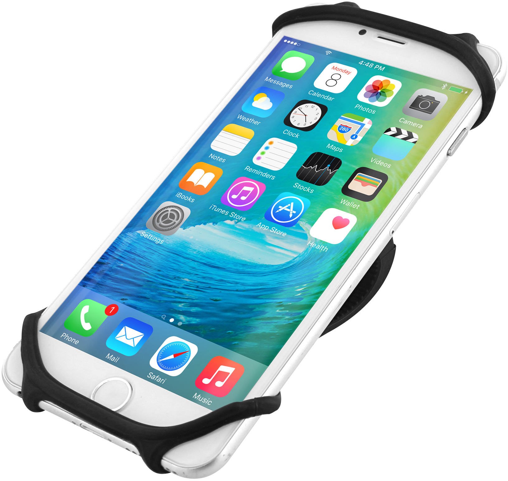 White iPhone with icons, held in a black phone holder.