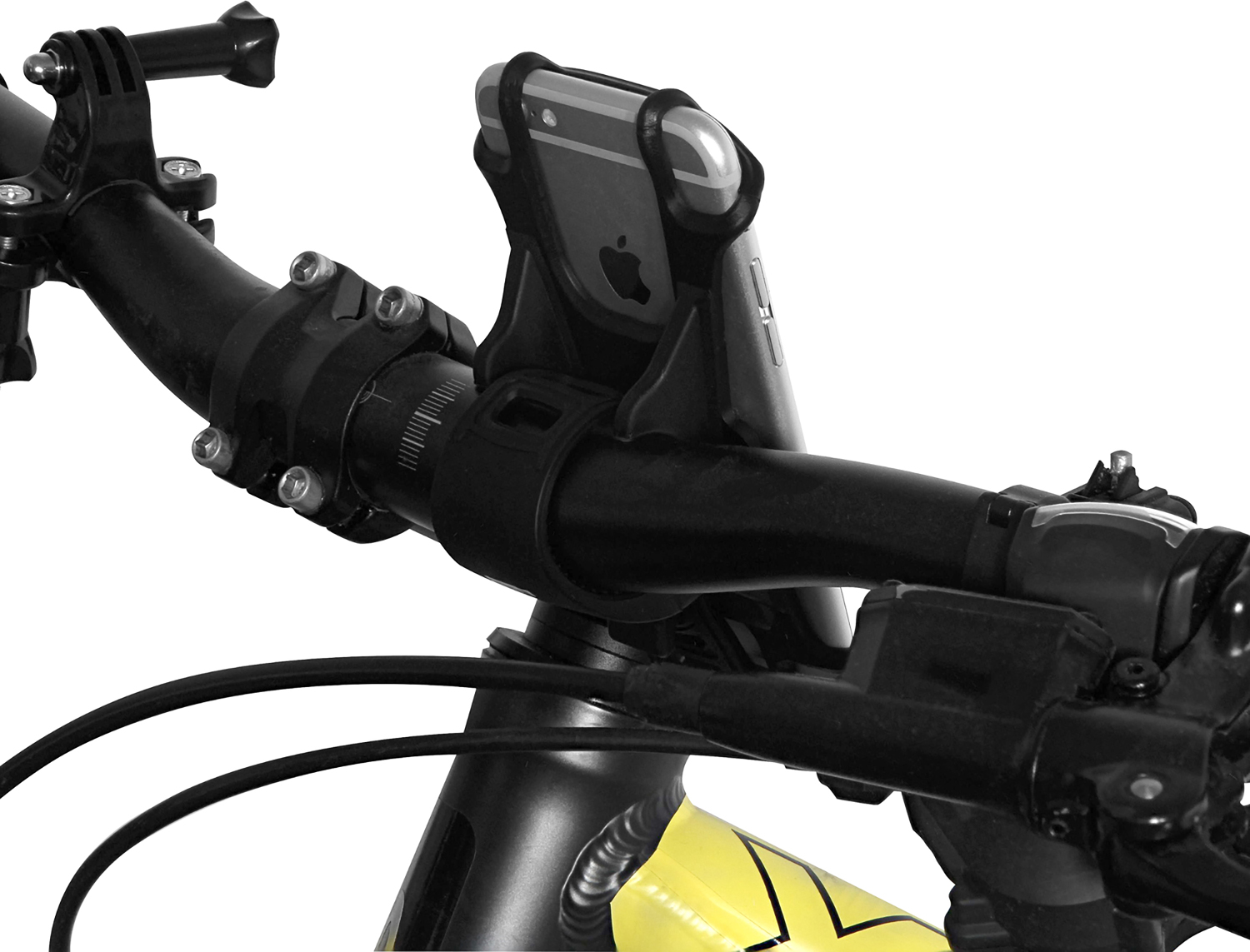 A black phone mount attached to a bicycle handlebar, holding a phone.