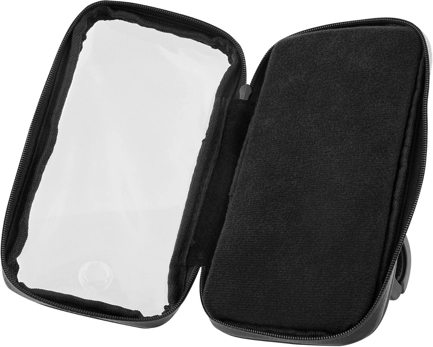 Black, zippered, rectangular case. Open, showing a soft, black interior lining.