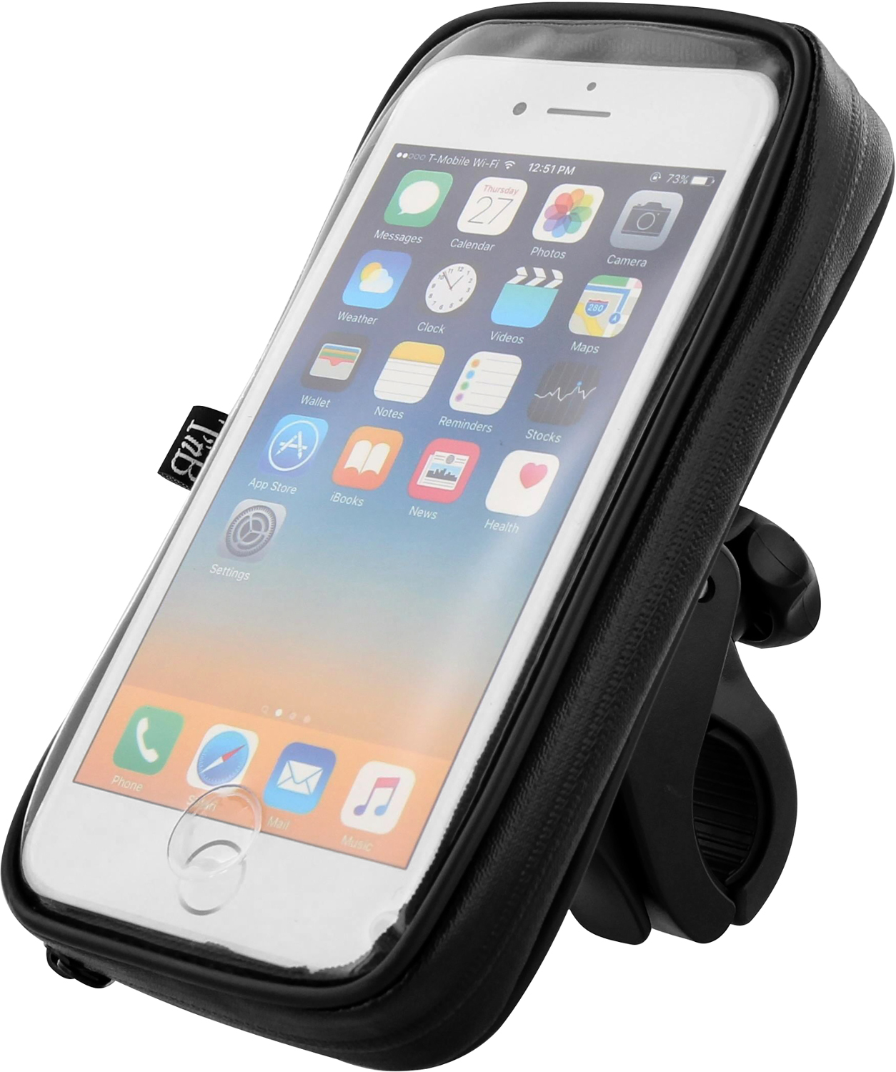 A smartphone in a black case, mounted on a bike handlebar. The screen displays app icons.