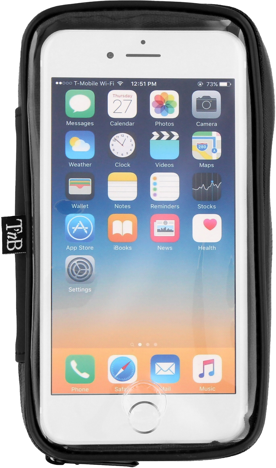 White iPhone in a black case, displaying app icons. The phone is on a white surface.